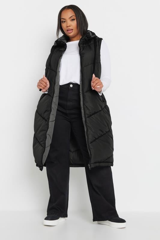 evans YOURS Curve Reversible Charcoal & Black Quilted Longline Hooded Gilet