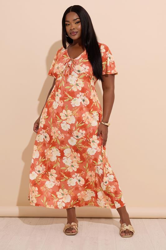 Evans YOURS Curve Rust Brown Floral Bow Front Maxi Dress