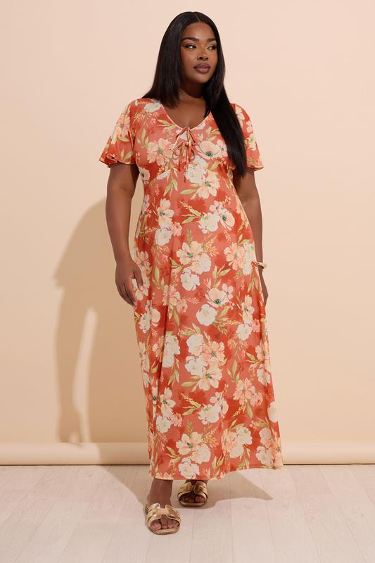 evans YOURS Curve Rust Brown Floral Bow Front Maxi Dress