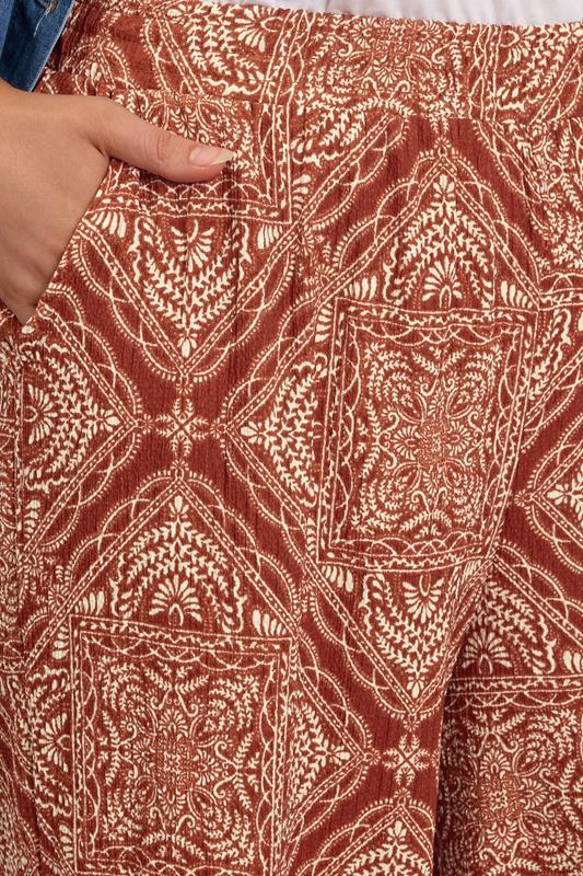 Evans YOURS Curve Rust Brown Paisley Crinkle Wide Leg Trousers