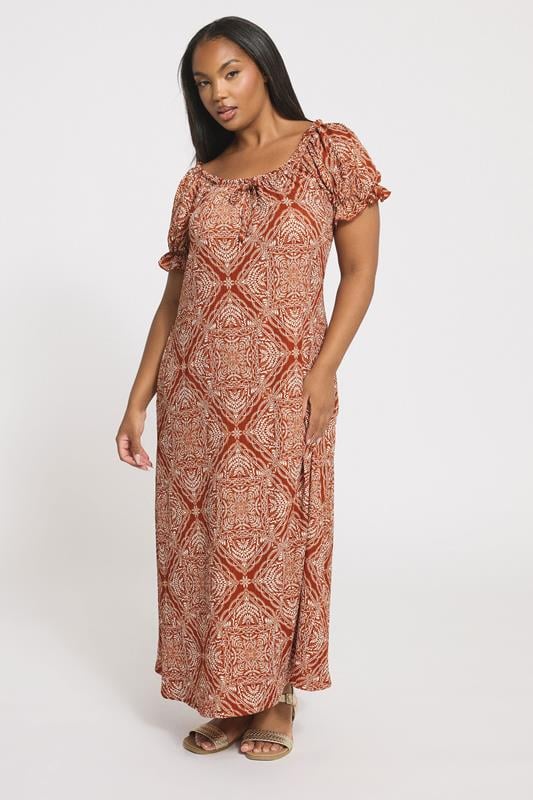 Evans YOURS Curve Rust Brown Paisley Textured Milkmaid Dress