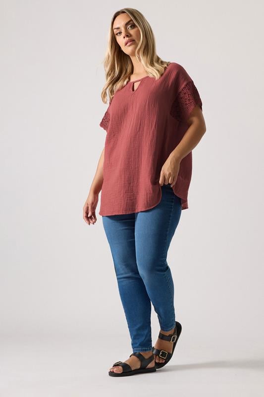 Evans YOURS Curve Rust Orange Cheesecloth Crochet Top