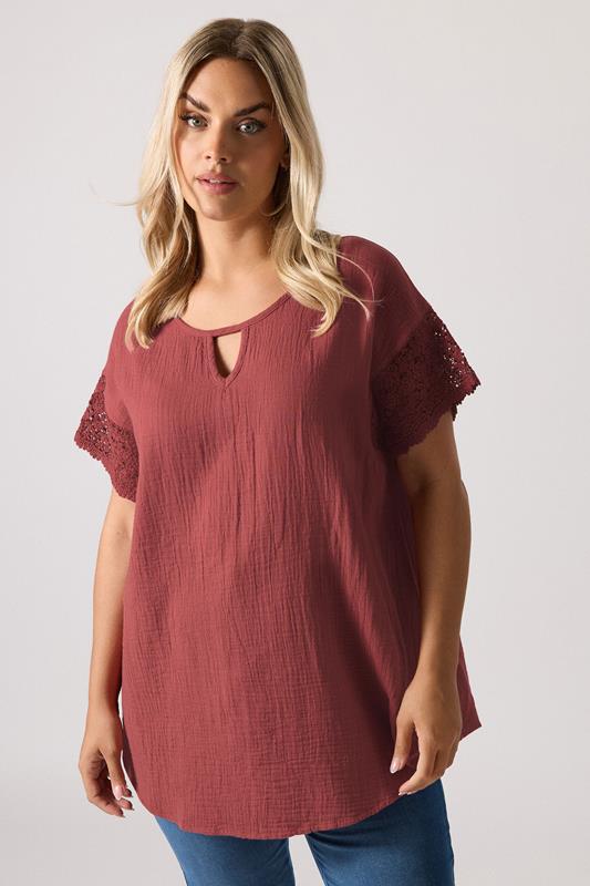 evans YOURS Curve Rust Orange Cheesecloth Crochet Top