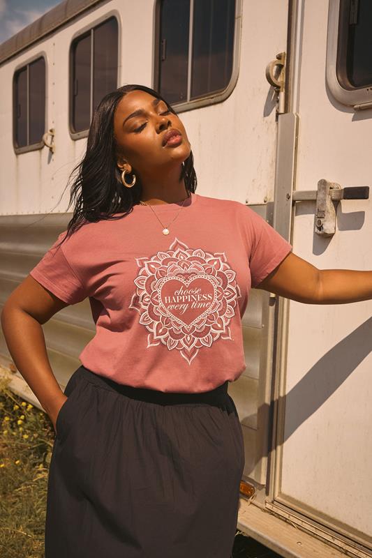 Evans YOURS Curve Rust Orange 'Choose Happiness' Mandala T-Shirt
