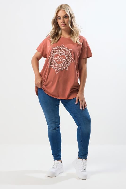 Evans YOURS Curve Rust Orange 'Choose Happiness' Mandala T-Shirt