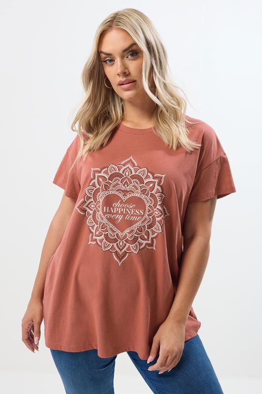 evans YOURS Curve Rust Orange 'Choose Happiness' Mandala T-Shirt