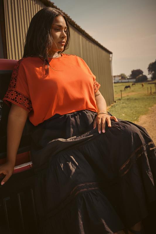 Evans YOURS Curve Rust Orange Crochet Sleeve Boxy T-Shirt