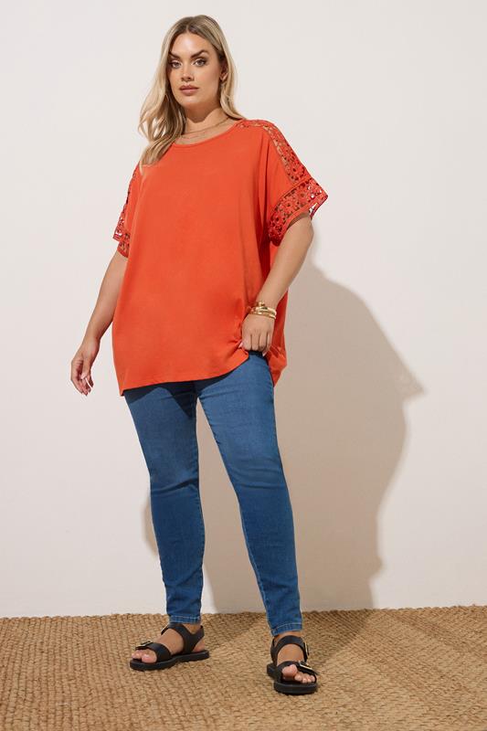 Evans YOURS Curve Rust Orange Crochet Sleeve Boxy T-Shirt
