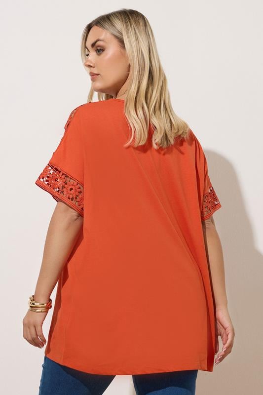 Evans YOURS Curve Rust Orange Crochet Sleeve Boxy T-Shirt