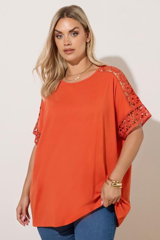 evans YOURS Curve Rust Orange Crochet Sleeve Boxy T-Shirt