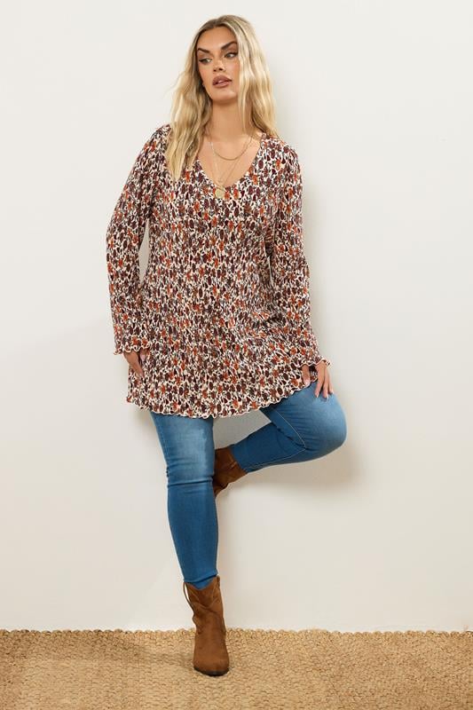 Evans YOURS Curve Rust Orange Floral Print Plisse Tunic Top