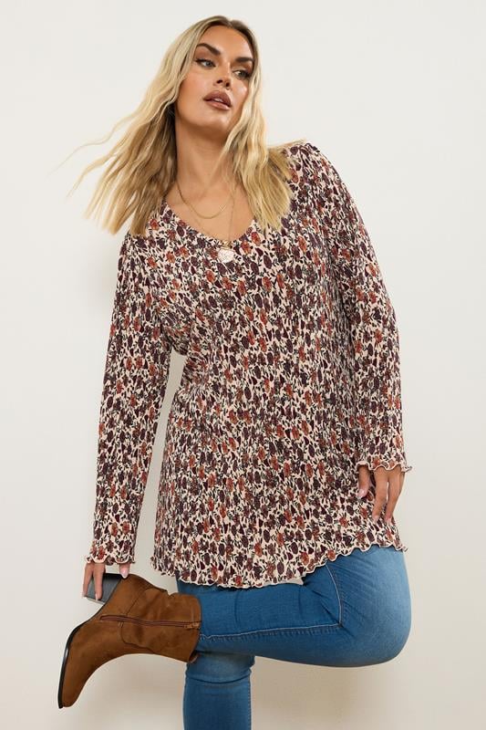 evans YOURS Curve Rust Orange Floral Print Plisse Tunic Top