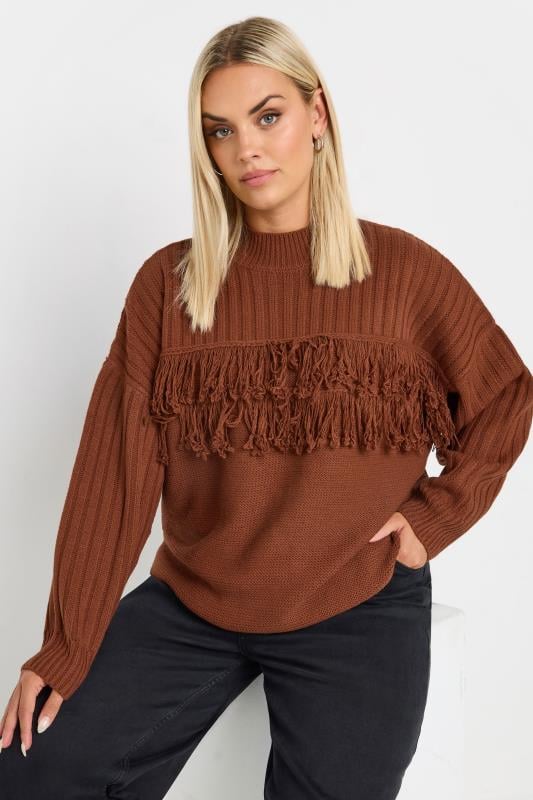 evans YOURS Curve Rust Orange Fringe Ribbed Knitted Jumper