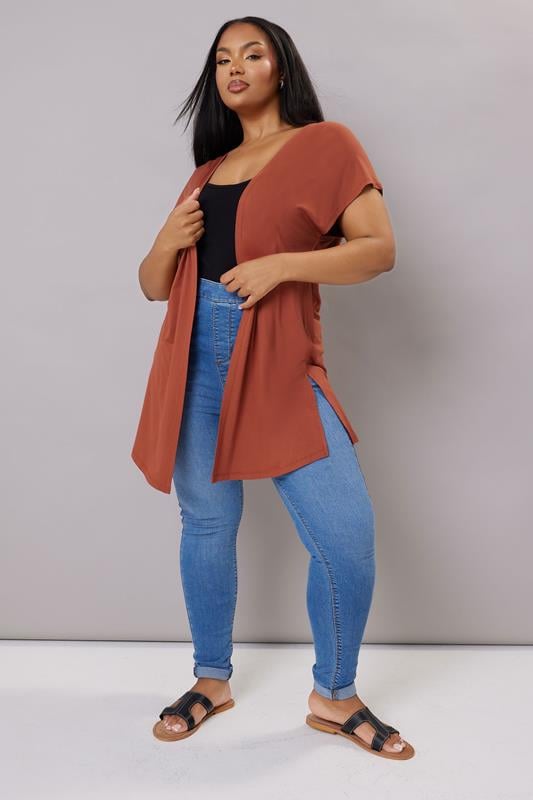 Evans YOURS Curve Rust Orange Grown On Sleeve Jersey Cardigan