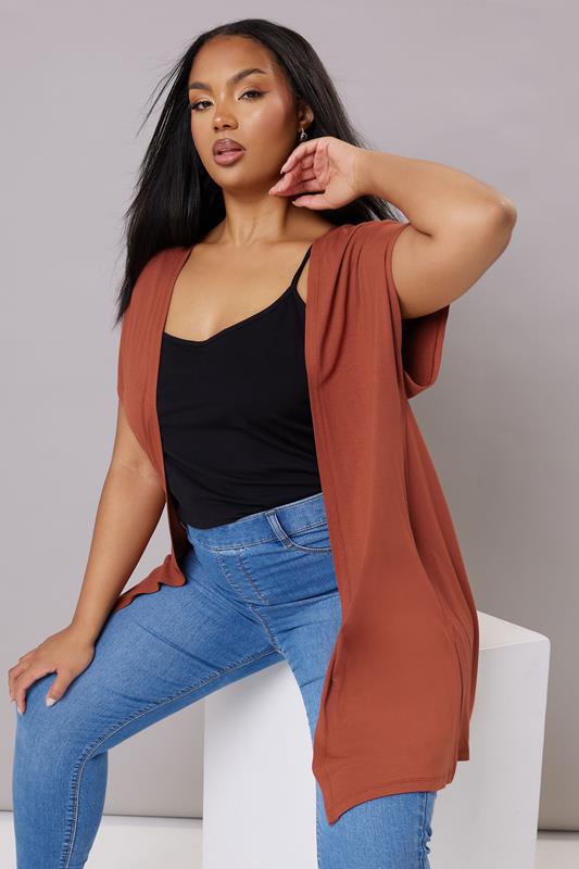 evans YOURS Curve Rust Orange Grown On Sleeve Jersey Cardigan