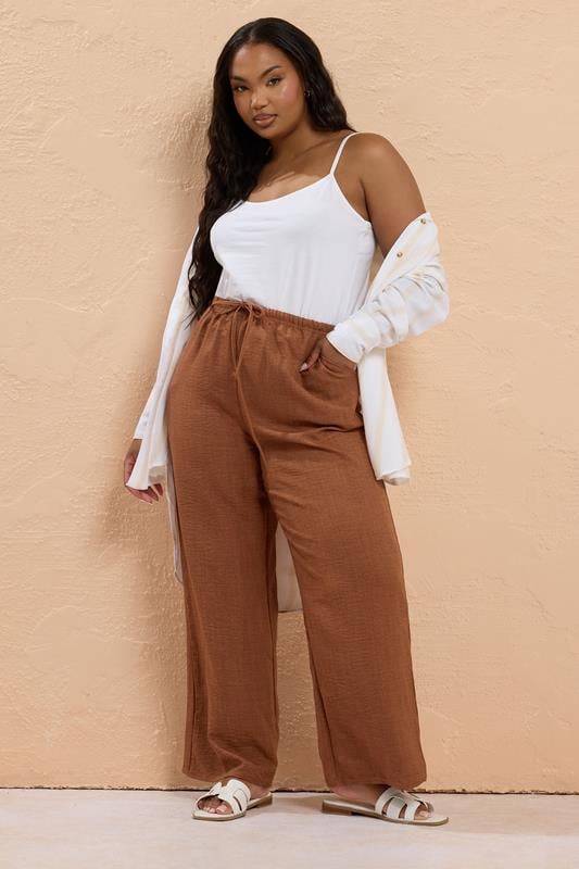 Evans YOURS Curve Rust Orange Linen Look Wide Leg Trousers