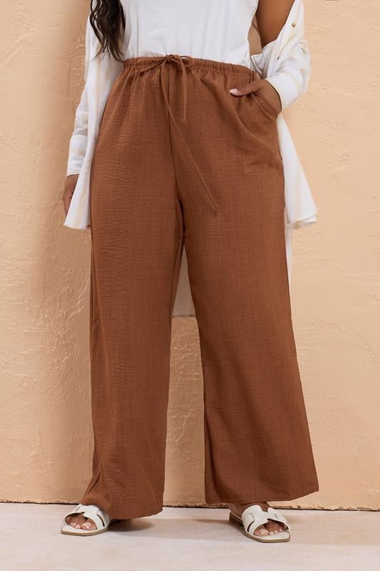 evans YOURS Curve Rust Orange Linen Look Wide Leg Trousers