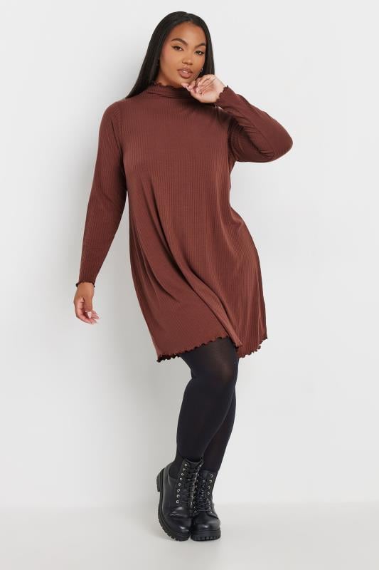 Evans YOURS Curve Rust Orange Long Sleeve Lettuce Edge Tunic Dress