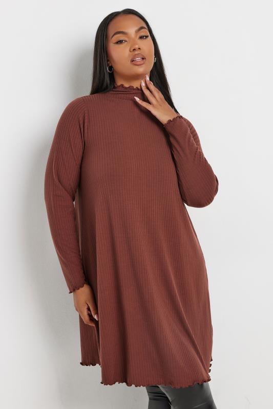 Evans YOURS Curve Rust Orange Long Sleeve Lettuce Edge Tunic Dress
