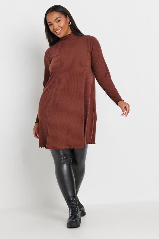 evans YOURS Curve Rust Orange Long Sleeve Lettuce Edge Tunic Dress