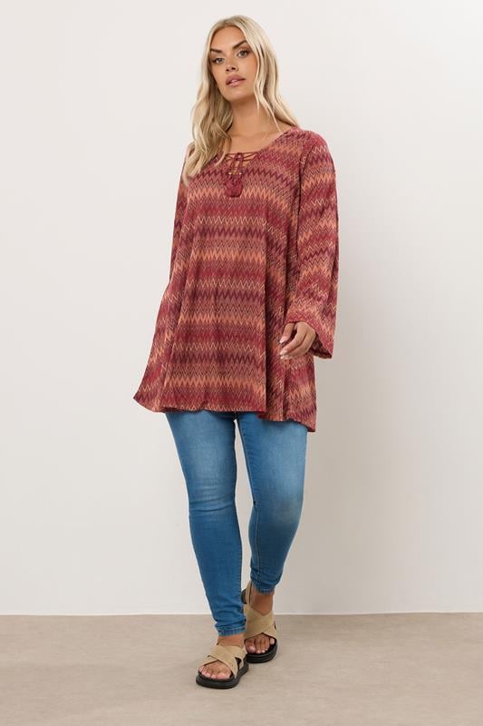 Evans YOURS Curve Rust Orange Metallic Zig Zag Tie Neck Tunic Top