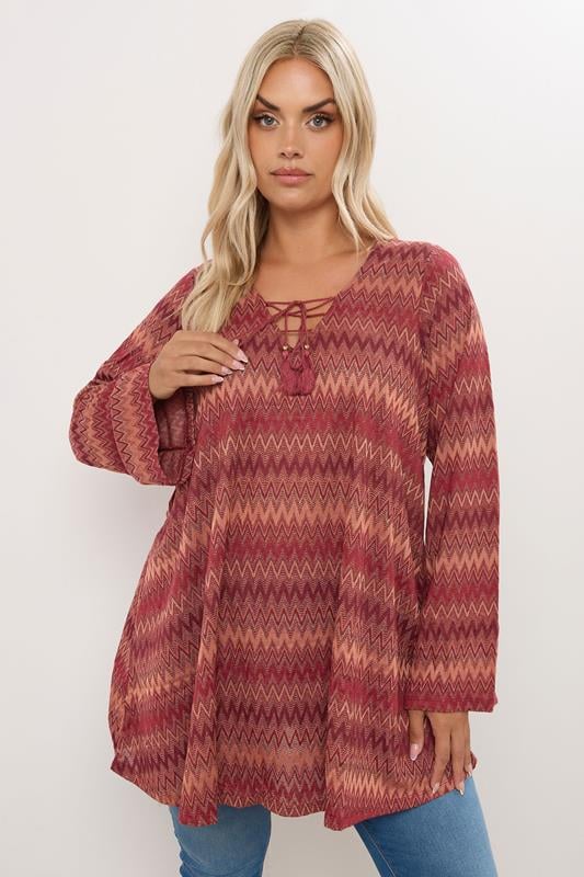 evans YOURS Curve Rust Orange Metallic Zig Zag Tie Neck Tunic Top