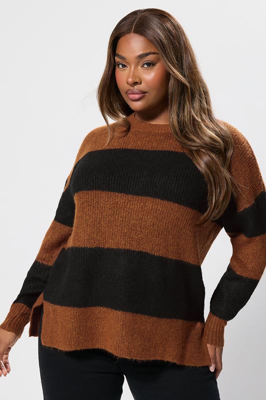 evans YOURS Curve Rust Orange Striped Knitted Jumper