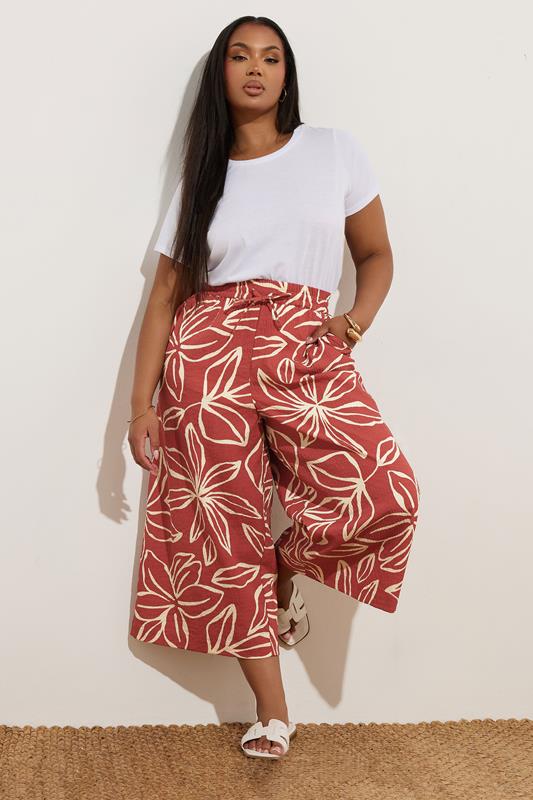 Evans YOURS Curve Rust Orange Textured Floral Midaxi Culottes