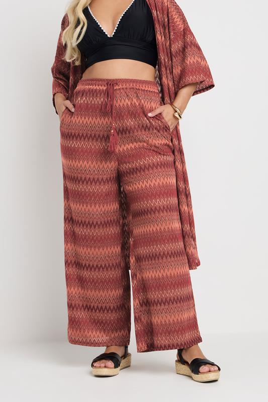 Evans YOURS Curve Rust Orange Zig Zag Metallic Wide Leg Trousers