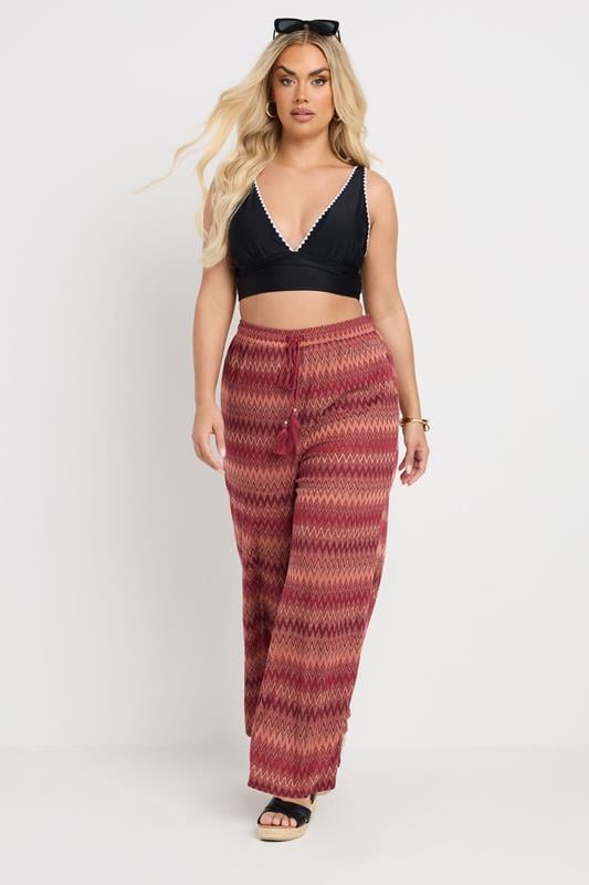 evans YOURS Curve Rust Orange Zig Zag Metallic Wide Leg Trousers