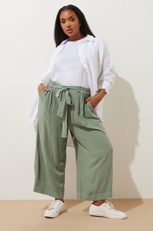 Evans YOURS Curve Sage Green Chambray Tie Waist Cropped Trousers