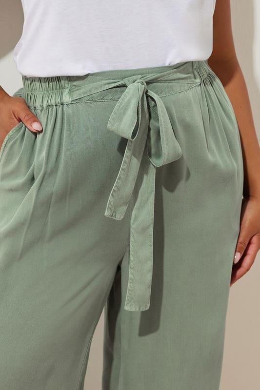 Evans YOURS Curve Sage Green Chambray Tie Waist Cropped Trousers