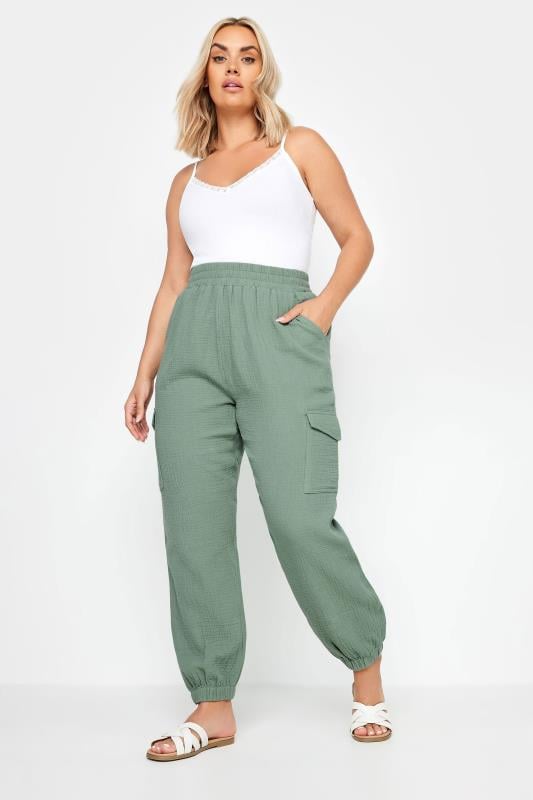 Evans YOURS Curve Sage Green Cheesecloth Cuffed Joggers
