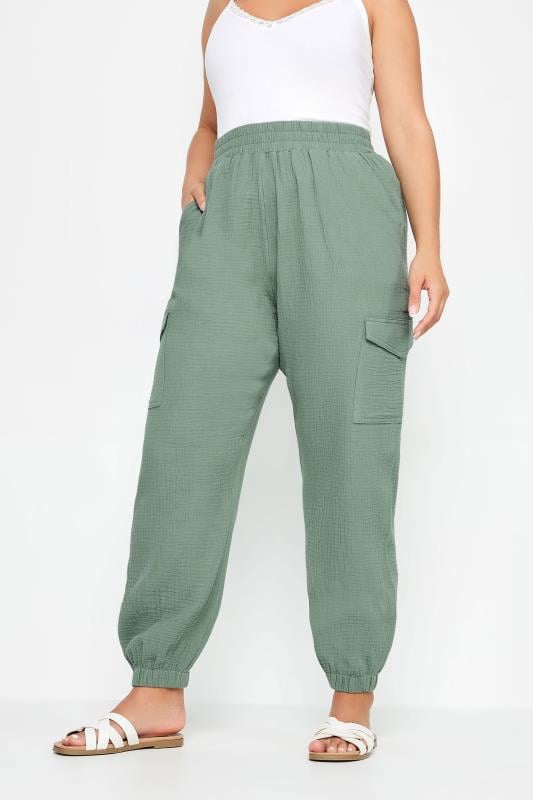 evans YOURS Curve Sage Green Cheesecloth Cuffed Joggers
