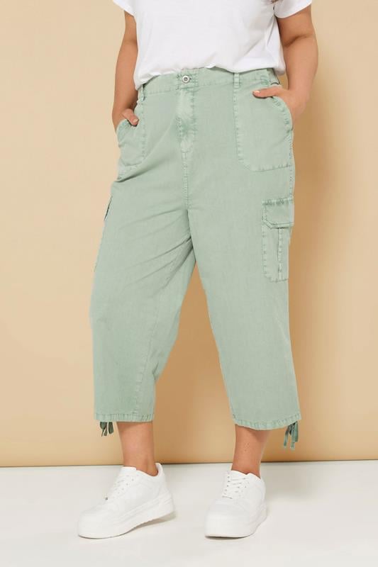 evans YOURS Curve Sage Green Cotton Cropped Cargo Trousers