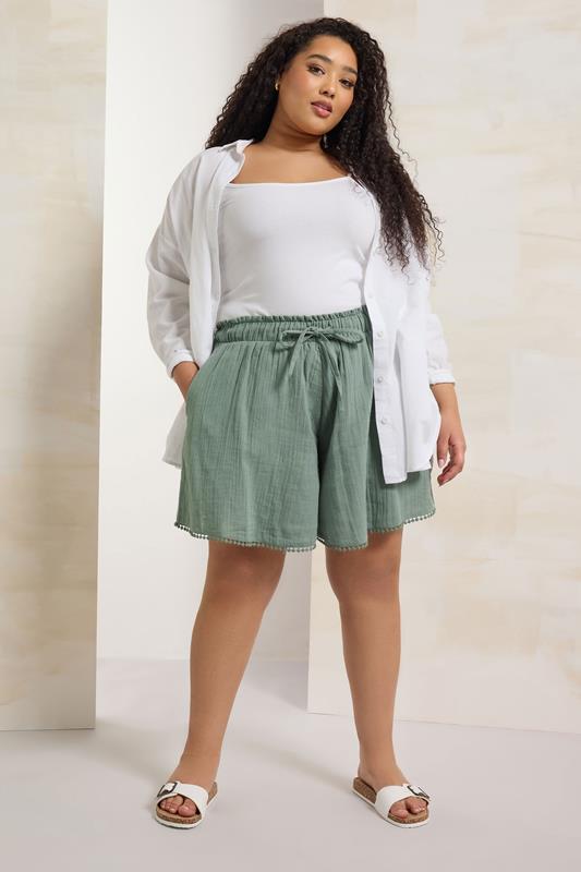 Evans YOURS Curve Sage Green Crinkle Crochet Trim Shorts