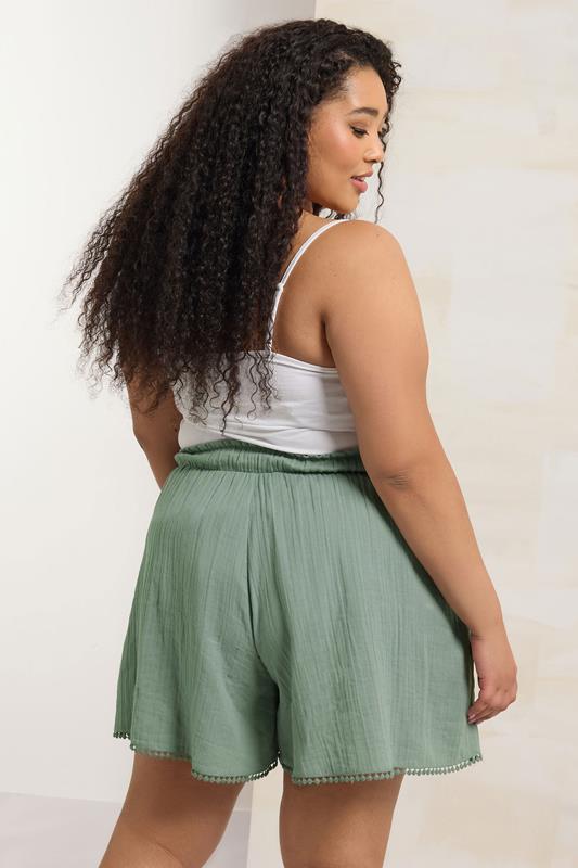Evans YOURS Curve Sage Green Crinkle Crochet Trim Shorts