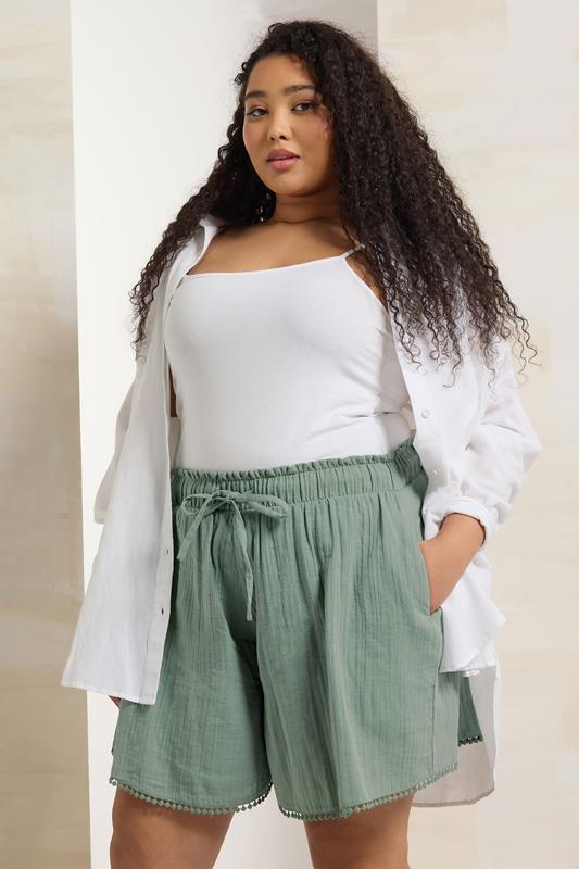 evans YOURS Curve Sage Green Crinkle Crochet Trim Shorts
