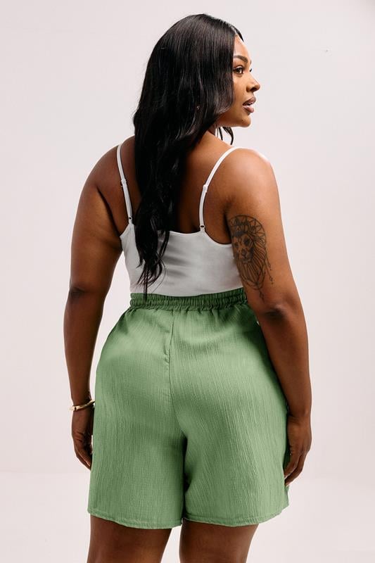 Evans YOURS Curve Sage Green Crinkle Tie Waist Shorts
