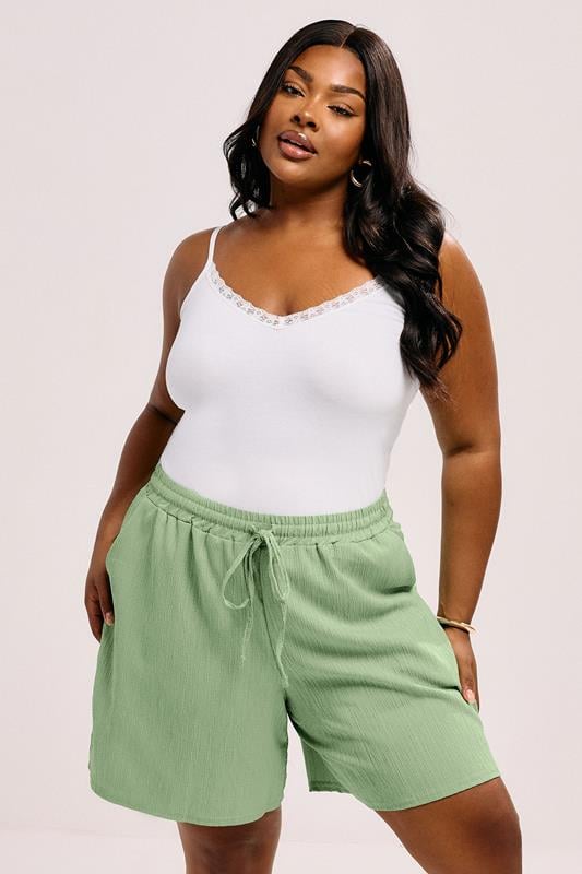 evans YOURS Curve Sage Green Crinkle Tie Waist Shorts