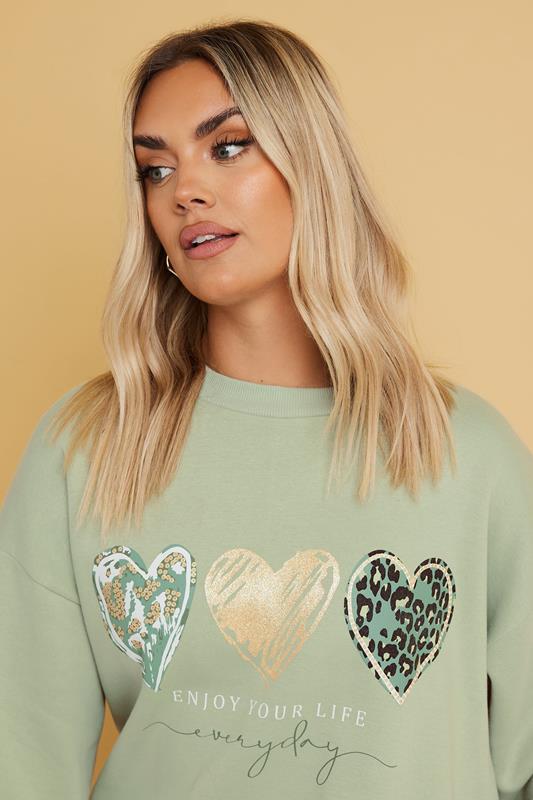 Evans YOURS Curve Sage Green 'Enjoy Your Life' Heart Print Sweatshirt Dress