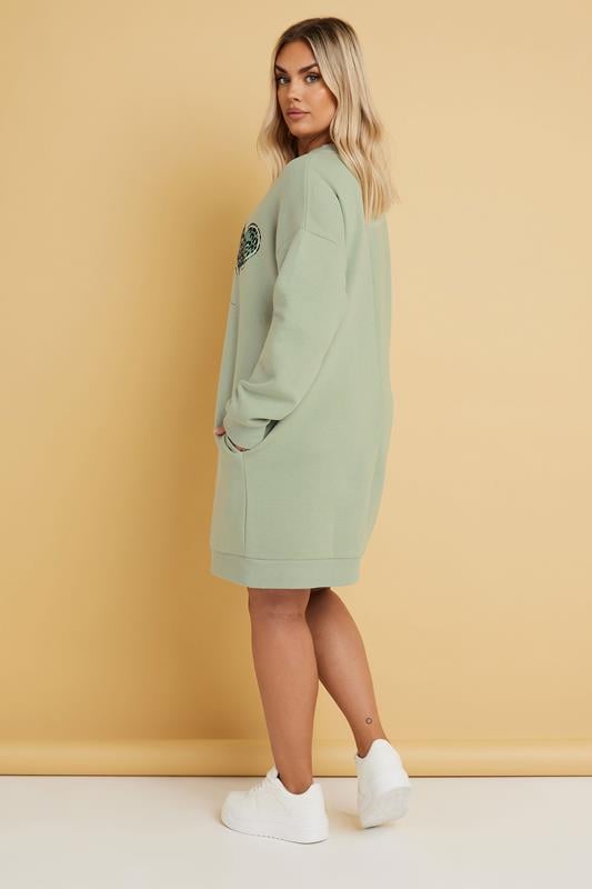 Evans YOURS Curve Sage Green 'Enjoy Your Life' Heart Print Sweatshirt Dress