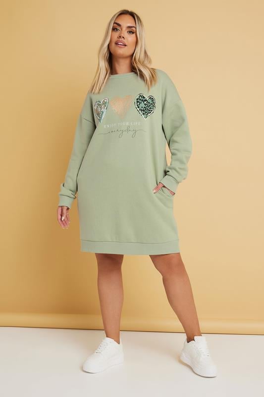 evans YOURS Curve Sage Green 'Enjoy Your Life' Heart Print Sweatshirt Dress