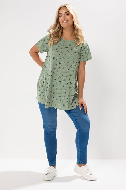Evans YOURS Curve Sage Green Floral Pointelle Swing Top