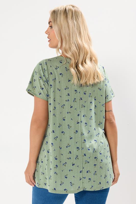 Evans YOURS Curve Sage Green Floral Pointelle Swing Top
