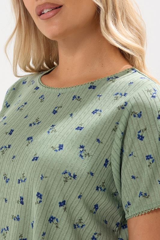 Evans YOURS Curve Sage Green Floral Pointelle Swing Top