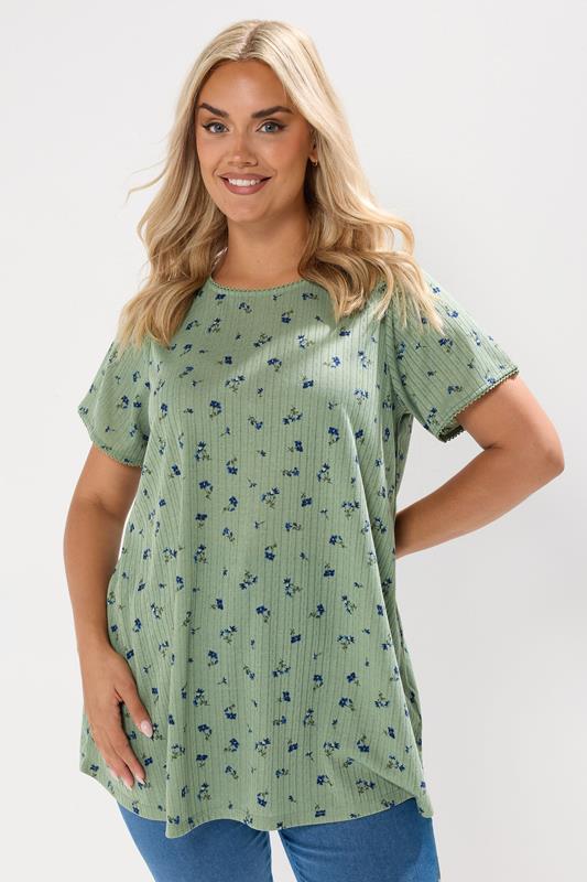 evans YOURS Curve Sage Green Floral Pointelle Swing Top