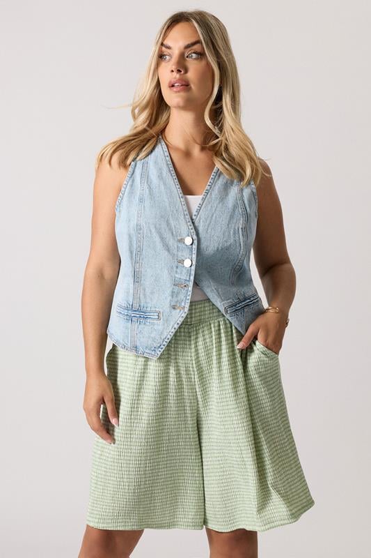 evans YOURS Curve Sage Green Gingham Textured Shorts