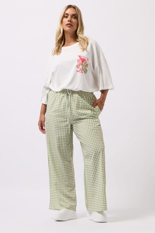 Evans YOURS Curve Sage Green Gingham Wide Leg Trousers
