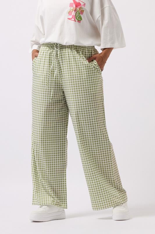 evans YOURS Curve Sage Green Gingham Wide Leg Trousers